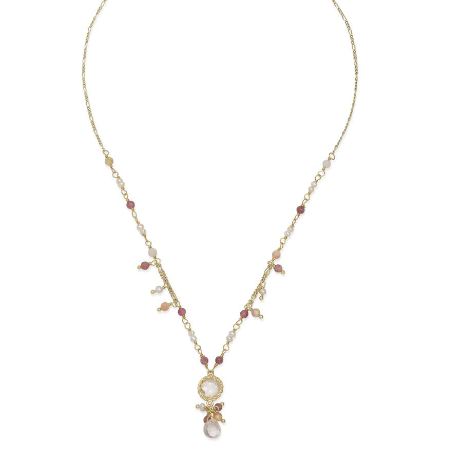 Ishwara - Collana Rose in argento dorato con quarzi, tormaline, opali rosa e perle - Gioielleria Mariatti Torino