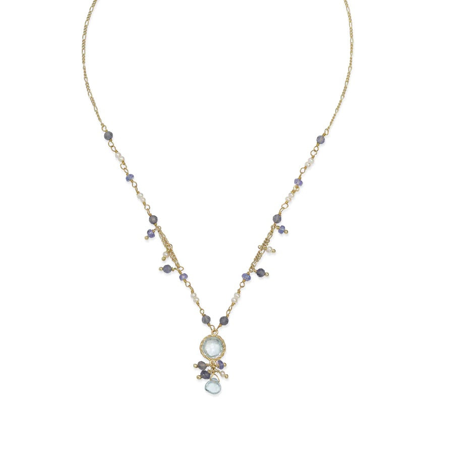 Ishwara - Collana topazio azzurro, ioliti, perle in argento dorato - Gioielleria Mariatti Torino