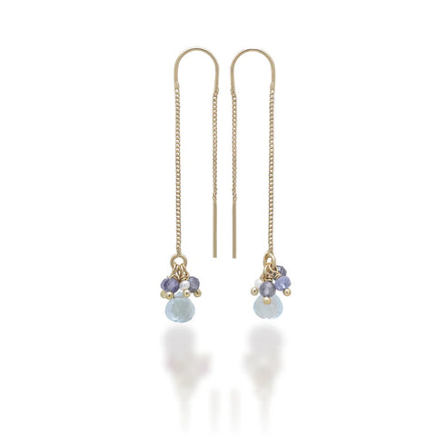 Ishwara - orecchini pendenti con topazi azzurri, ioliti, tanzaniti, perle - gioielleria Mariatti Torino